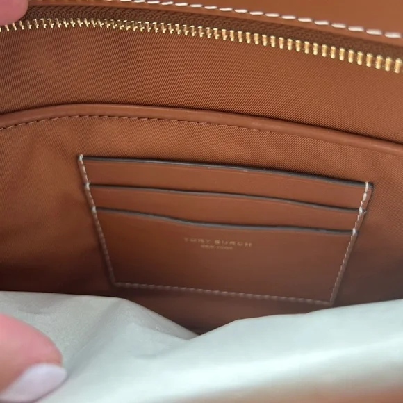 Tory Burch Thea Raffia Pouch Wristlet Bag Coffee Cream - Picture 10 of 11